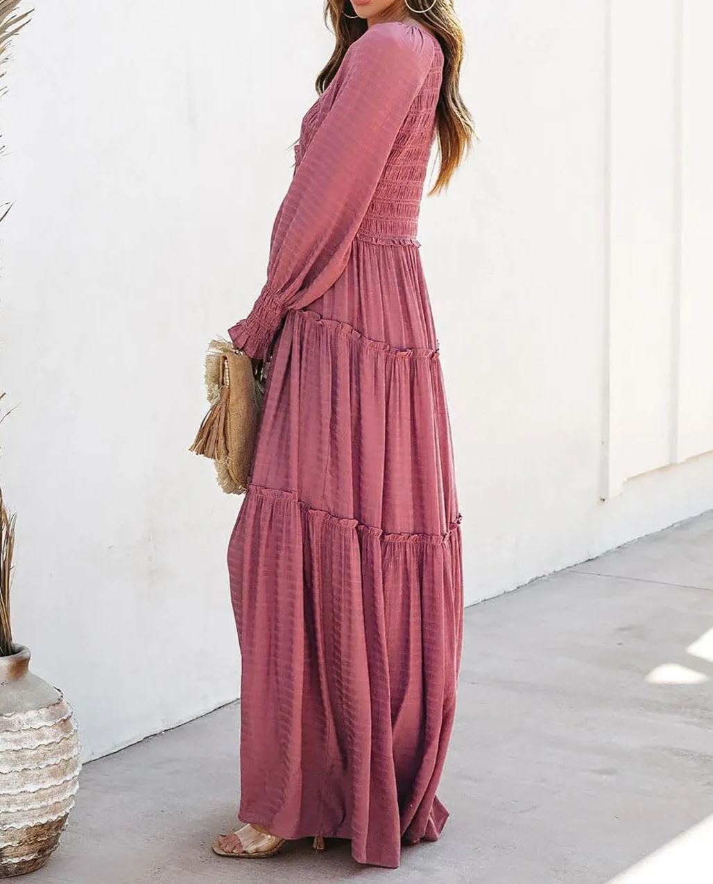 Women's Long Sleeve V Neck Boho Flowy Maxi Dresses (Buy 2 Free Shipping)